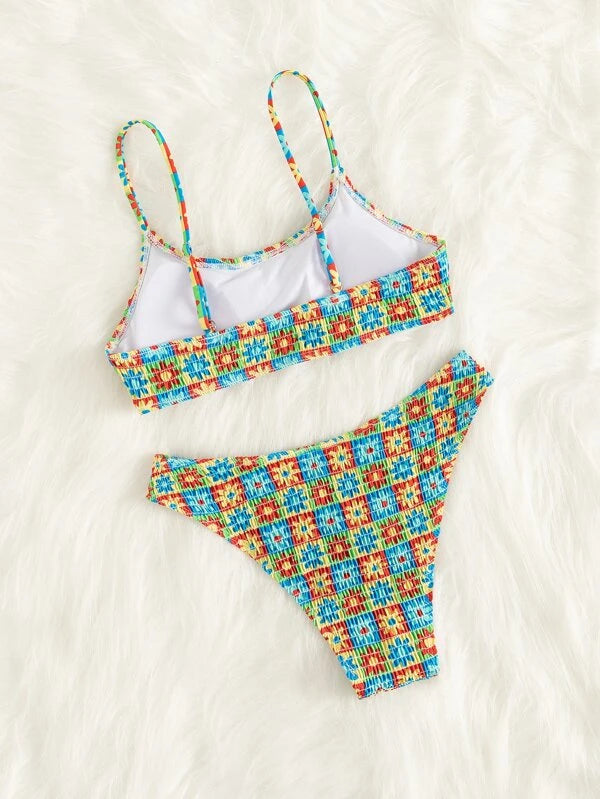 Floral Print Bikini Set Smocked Cami Top & Hipster Bottom 2 Piece Bathing Suit